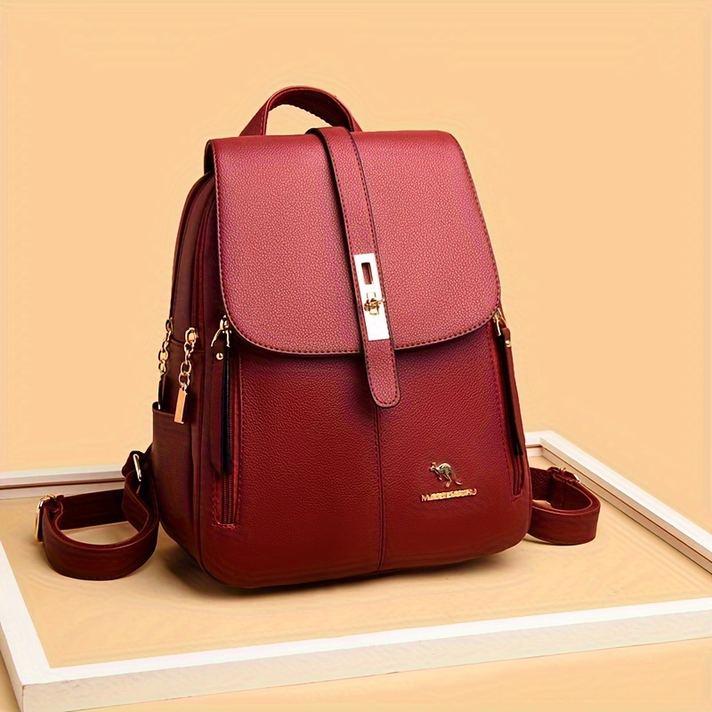 Travel Backpack Anti Theft - Elegant Wine Red Leather Backpack for